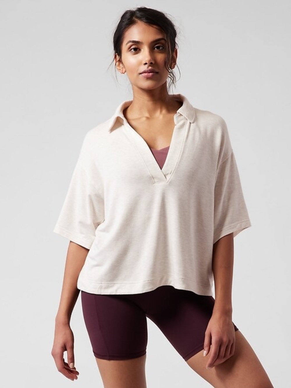 Athleta Westwood Sweatshirt Relaxed V-Neck Polo Top Heathered Cream Oatmeal Soft
